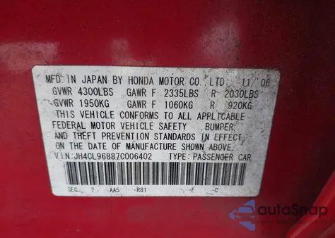 2007 Acura Tsx z USA, uszkodzony, nr VIN JH4CL96887C006402